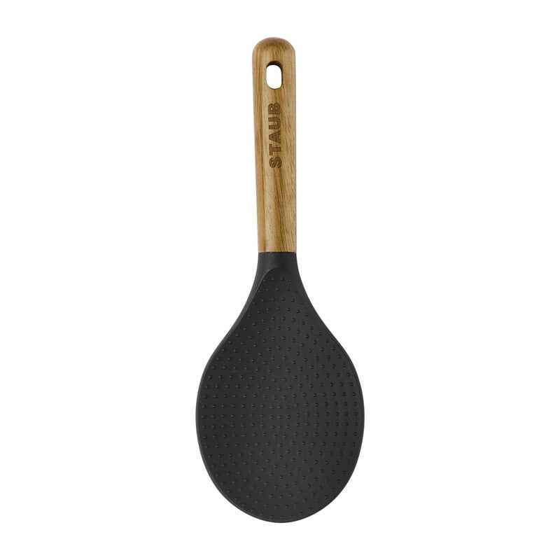STAUB Rice Spoon, Perfect for Keeping Rice Fluffy While Scooping and Serving, Durable BPA-Free Matte Black Silicone, Acacia Wood Handles, Safe for Nonstick Cooking Surfaces, 8.75 x 3 x 0.75 inches - Image 4